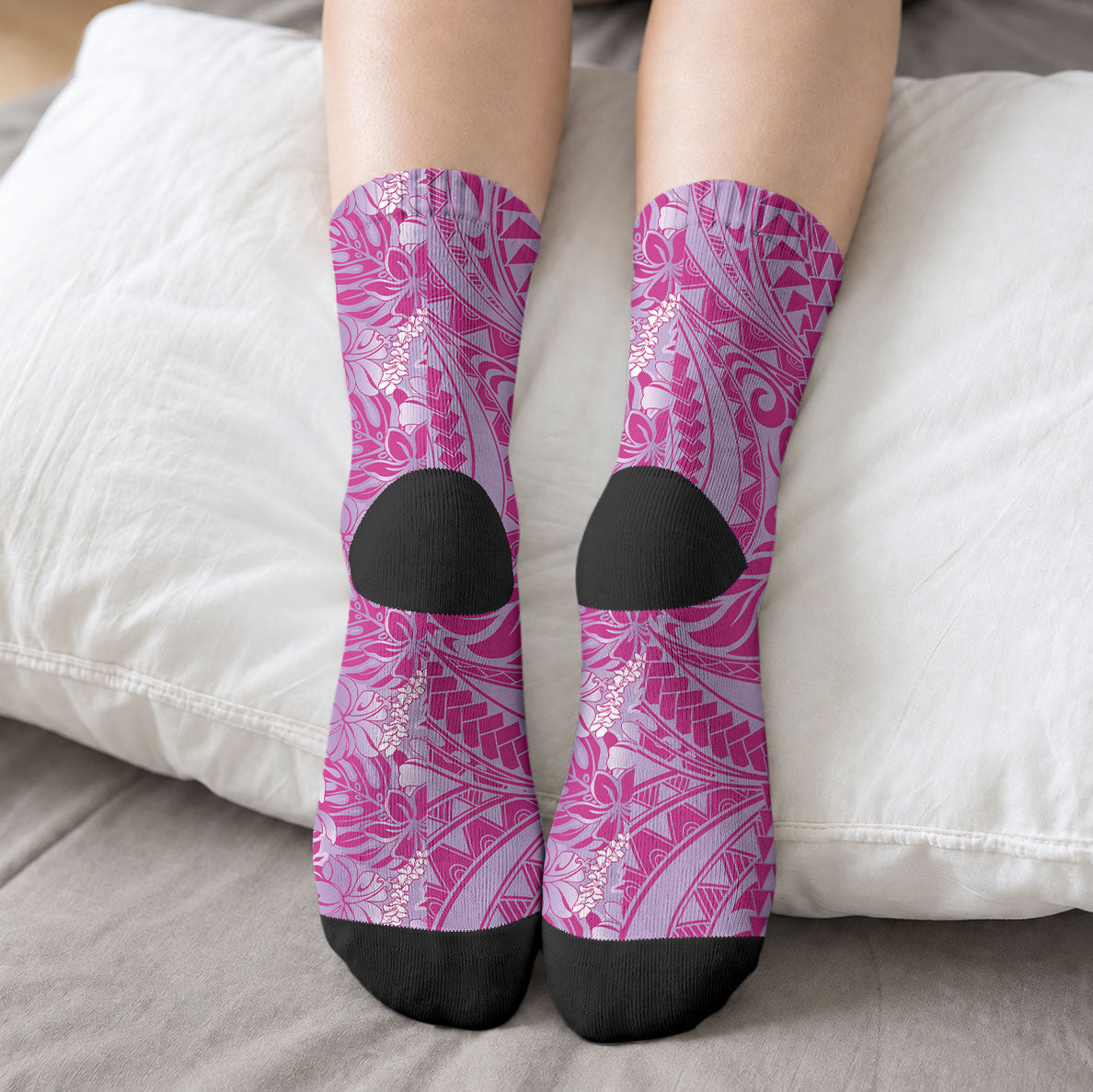 Purple Hibiscus Monstera Seamless Kakau Hawaii Crew Socks LT14 - Polynesian Pride