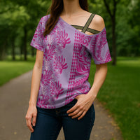 Purple Hibiscus Monstera Seamless Kakau Hawaii Cross Shoulder Shirt LT14 - Polynesian Pride