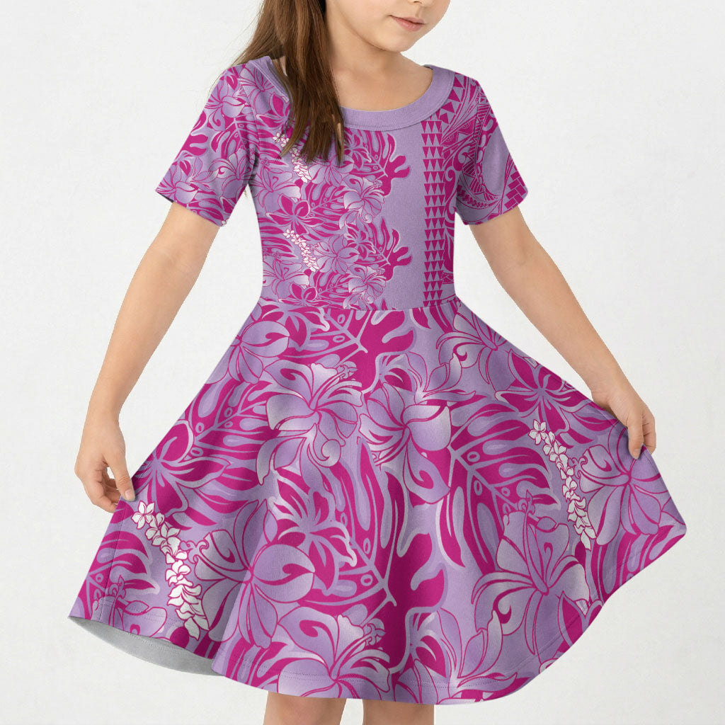 Purple Hibiscus Monstera Seamless Kakau Hawaii Kid Short Sleeve Dress LT14 KID Purple - Polynesian Pride