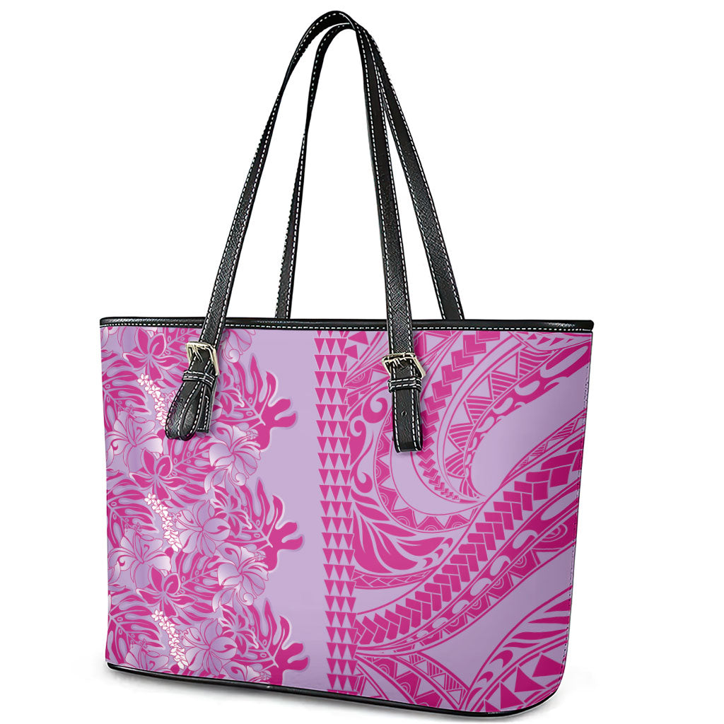 Purple Hibiscus Monstera Seamless Kakau Hawaii Leather Tote Bag LT14 - Polynesian Pride