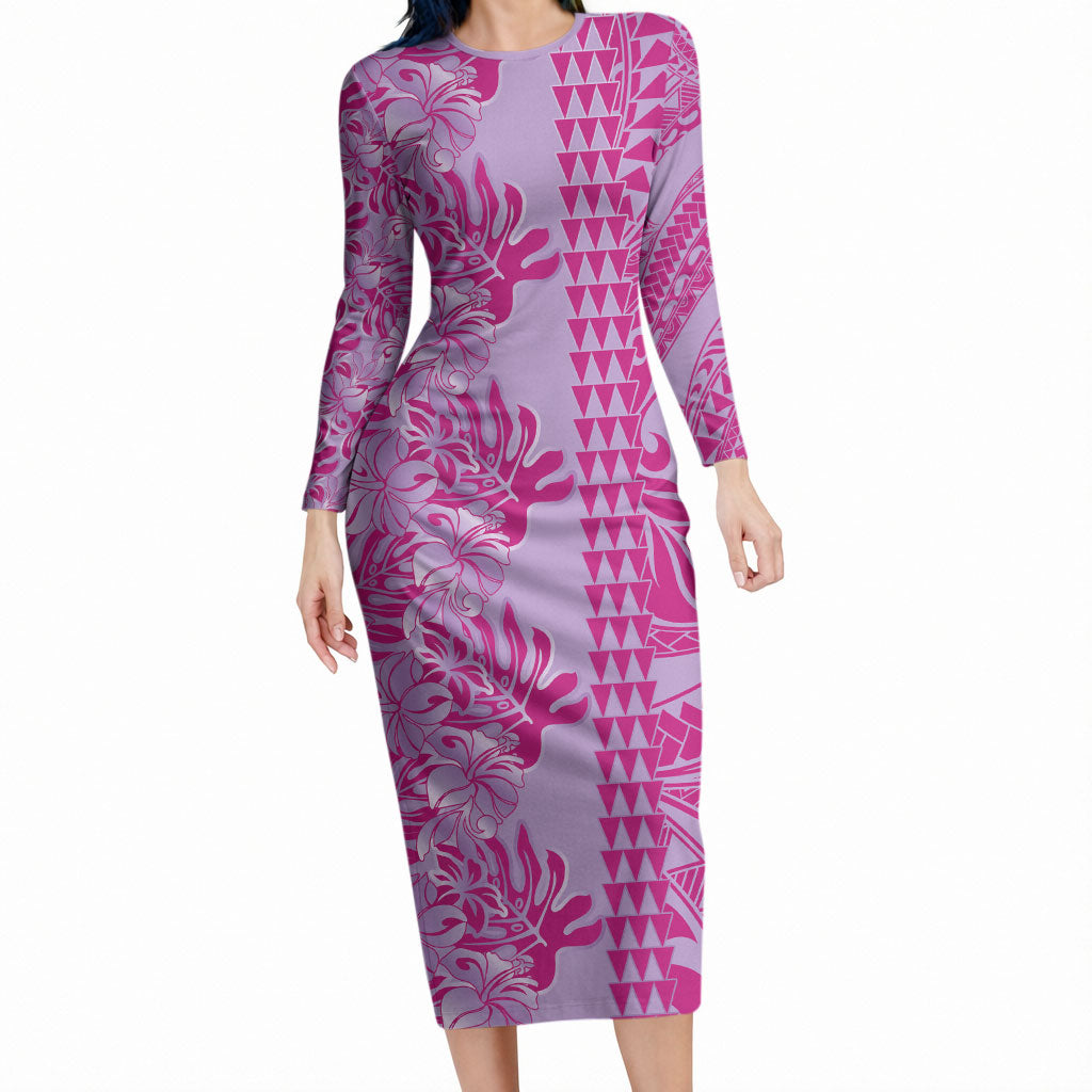Purple Hibiscus Monstera Seamless Kakau Hawaii Long Sleeve Bodycon Dress LT14 Long Dress Purple - Polynesian Pride