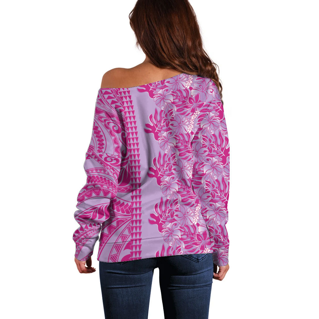 Purple Hibiscus Monstera Seamless Kakau Hawaii Off Shoulder Sweater