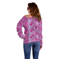 Purple Hibiscus Monstera Seamless Kakau Hawaii Off Shoulder Sweater