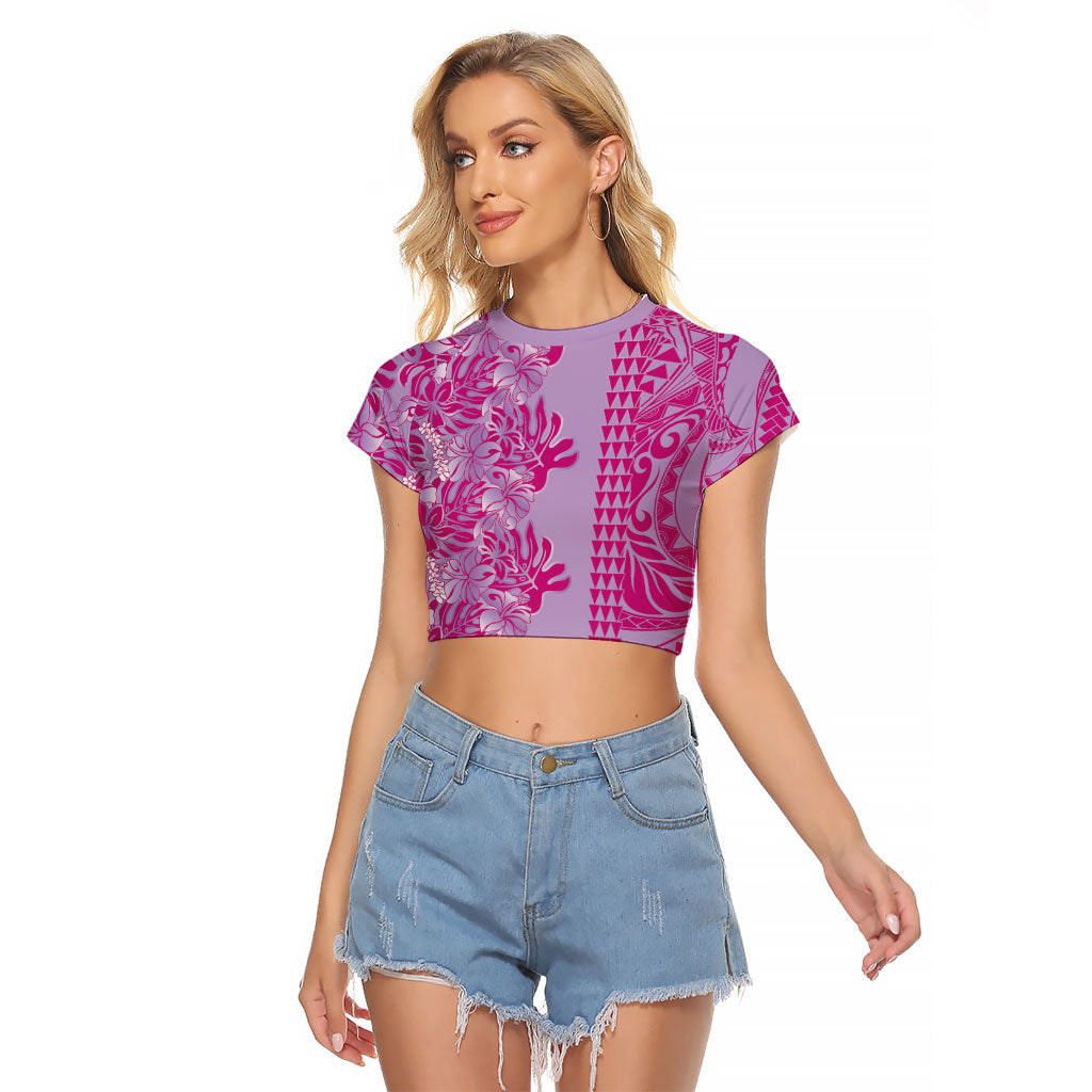 Purple Hibiscus Monstera Seamless Kakau Hawaii Raglan Cropped T Shirt LT14 Female Purple - Polynesian Pride