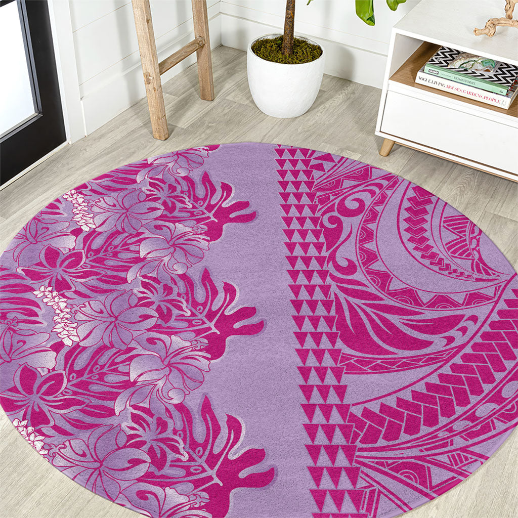 Purple Hibiscus Monstera Seamless Kakau Hawaii Round Carpet