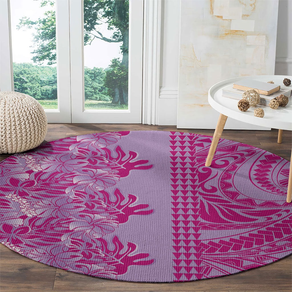 Purple Hibiscus Monstera Seamless Kakau Hawaii Round Carpet