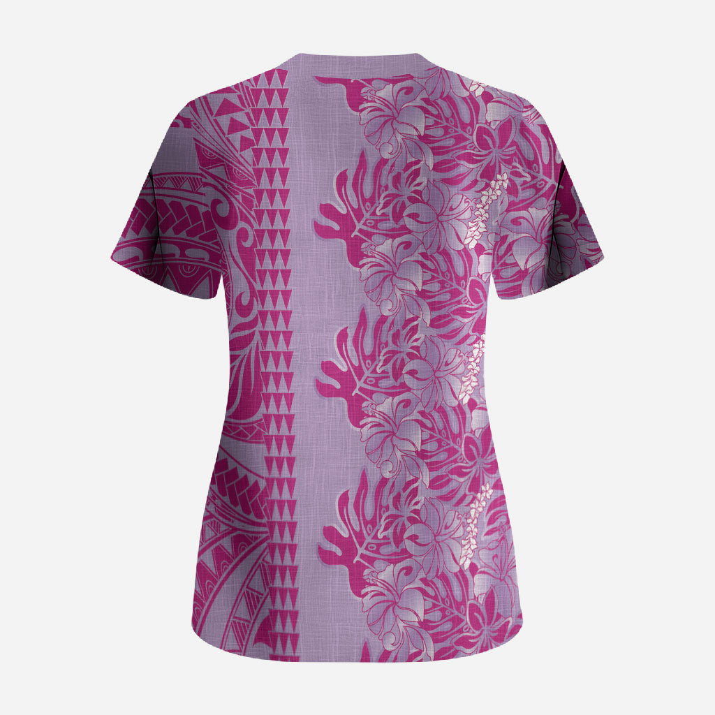 Purple Hibiscus Monstera Seamless Kakau Hawaii Scrub Top
