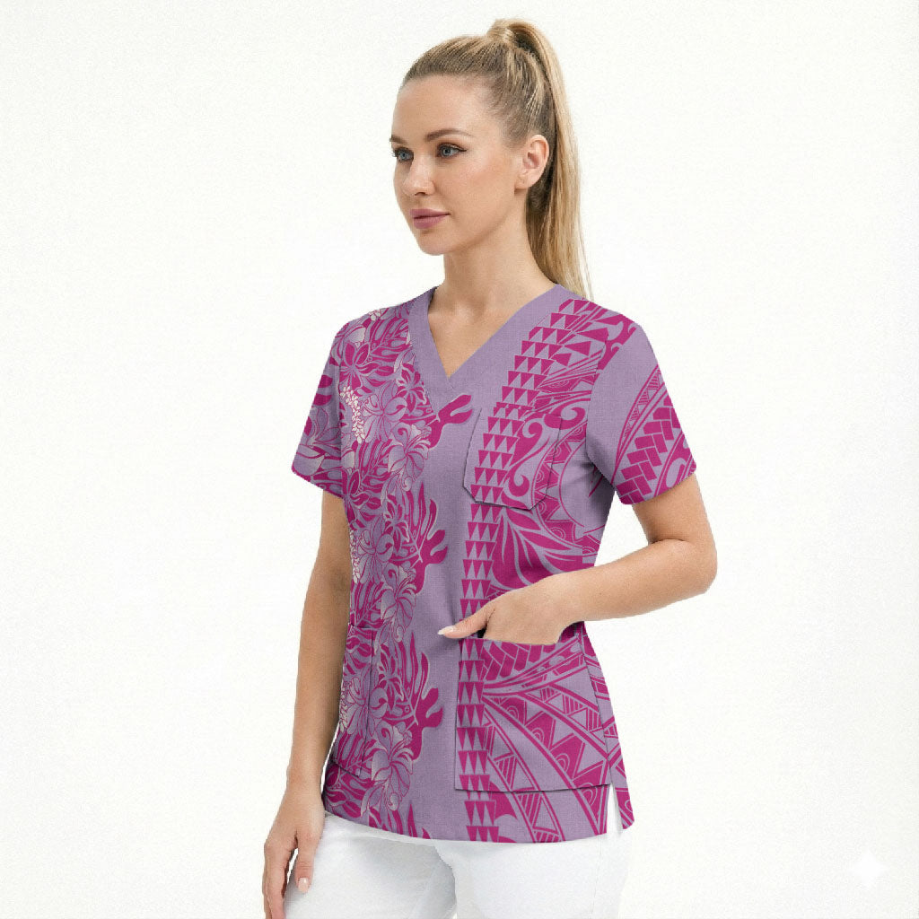 Purple Hibiscus Monstera Seamless Kakau Hawaii Scrub Top