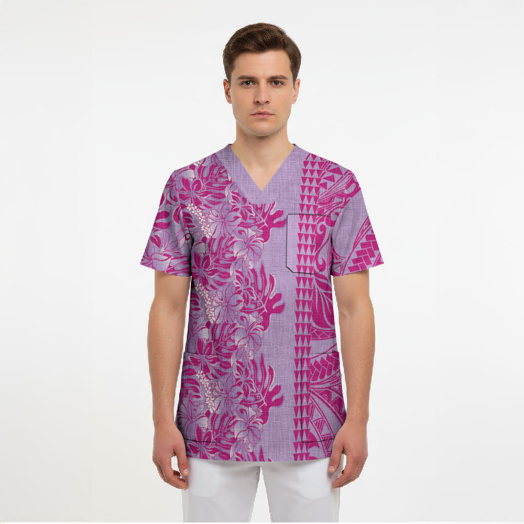 Purple Hibiscus Monstera Seamless Kakau Hawaii Scrub Top