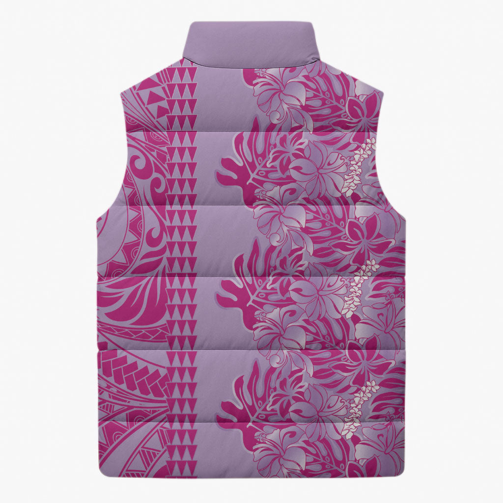 Purple Hibiscus Monstera Seamless Kakau Hawaii Sleeveless Puffer Jacket