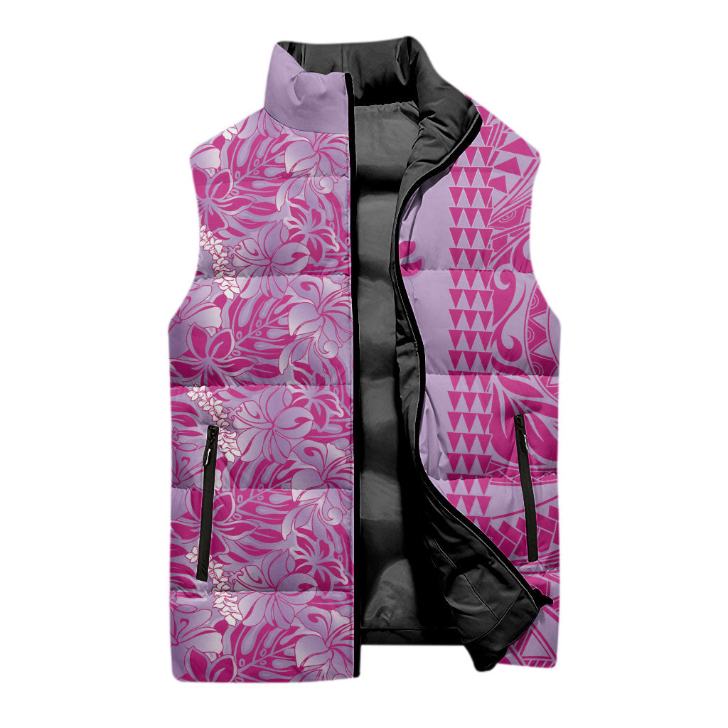 Purple Hibiscus Monstera Seamless Kakau Hawaii Sleeveless Puffer Jacket