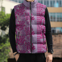 Purple Hibiscus Monstera Seamless Kakau Hawaii Sleeveless Puffer Jacket