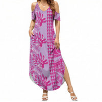 Purple Hibiscus Monstera Seamless Kakau Hawaii Summer Maxi Dress LT14 Women Purple - Polynesian Pride