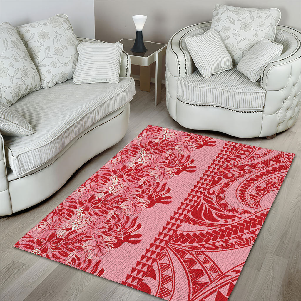 Red Hibiscus Monstera Seamless Kakau Hawaii Area Rug