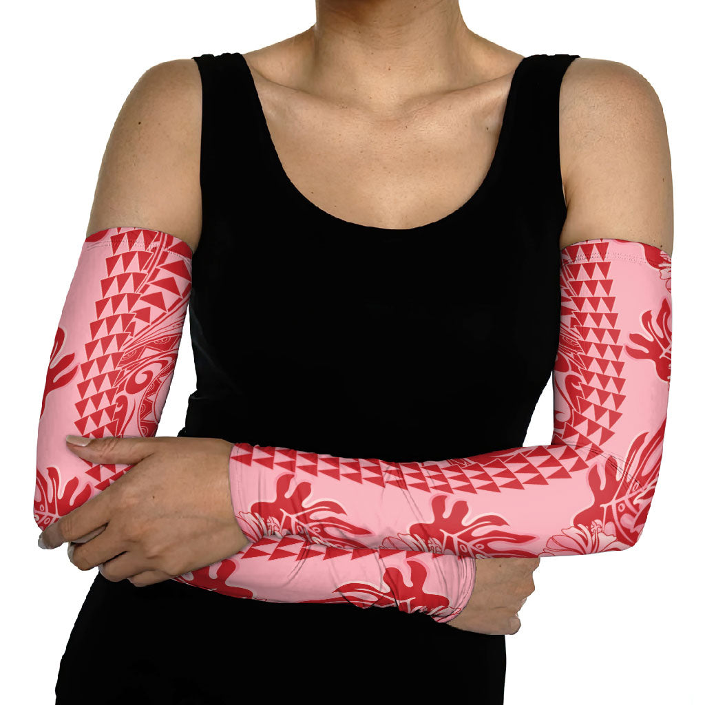 Red Hibiscus Monstera Seamless Kakau Hawaii Arm Sleeves