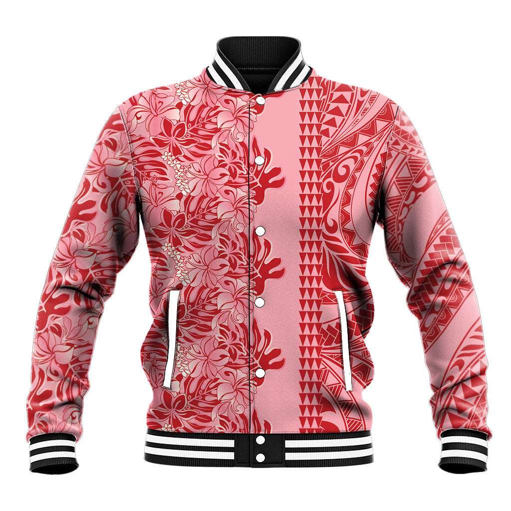 Red Hibiscus Monstera Seamless Kakau Hawaii Baseball Jacket