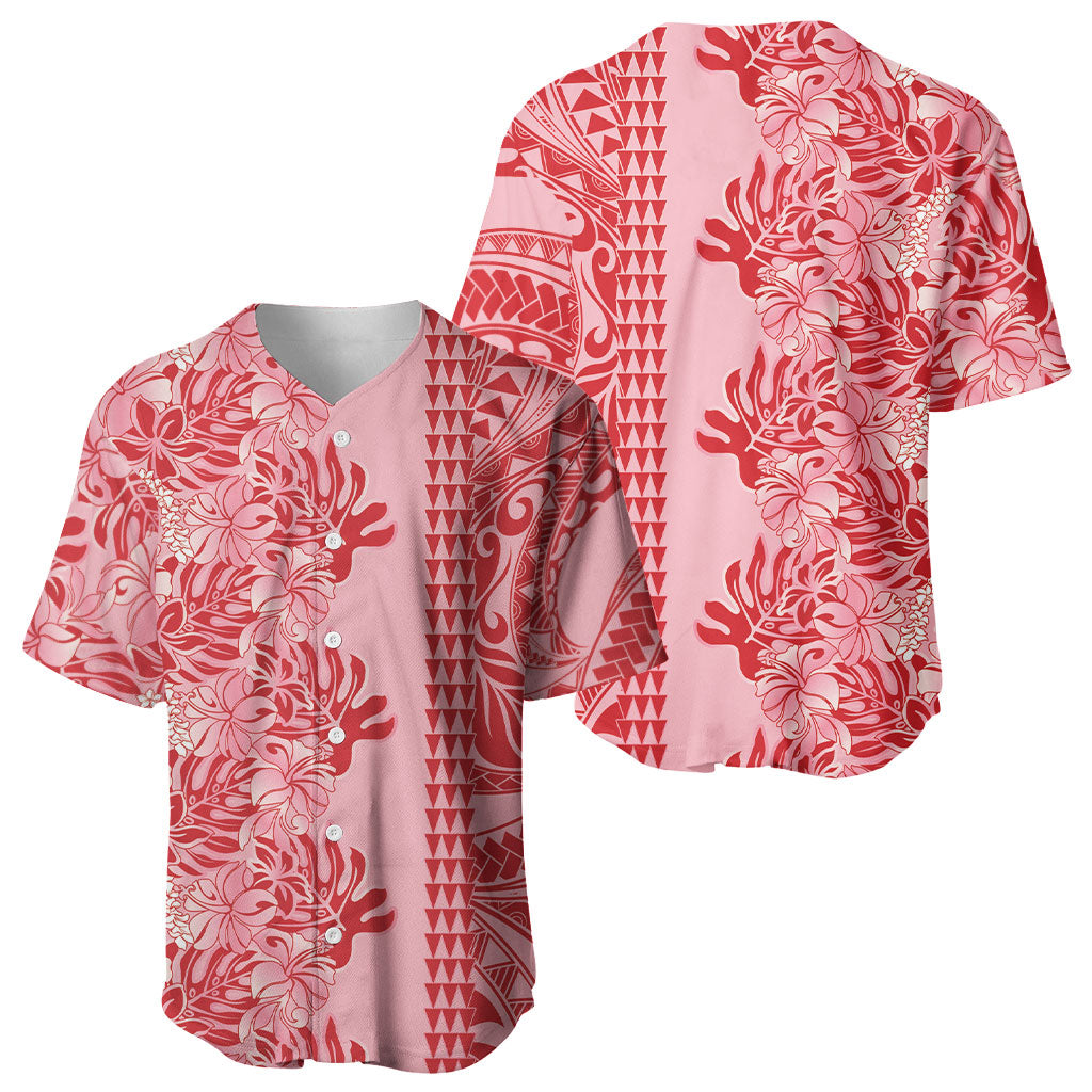 Red Hibiscus Monstera Seamless Kakau Hawaii Baseball Jersey