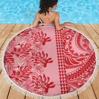 Red Hibiscus Monstera Seamless Kakau Hawaii Beach Blanket