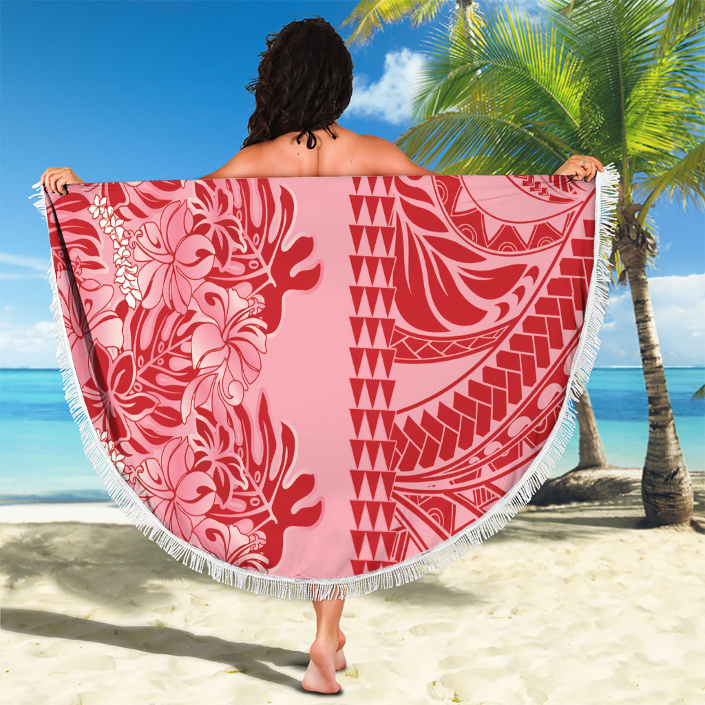 Red Hibiscus Monstera Seamless Kakau Hawaii Beach Blanket