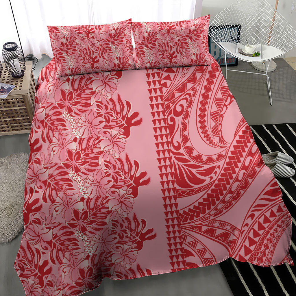 Red Hibiscus Monstera Seamless Kakau Hawaii Bedding Set