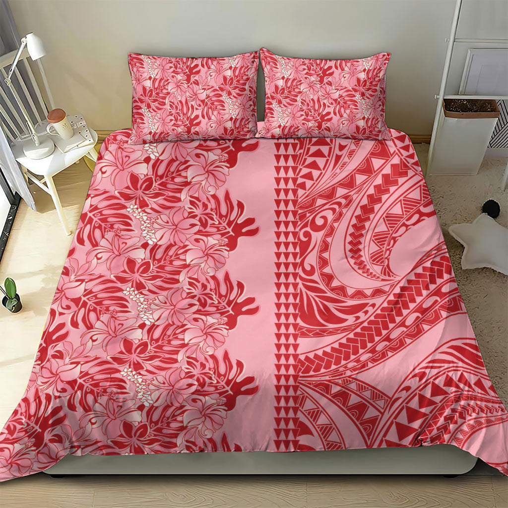 Red Hibiscus Monstera Seamless Kakau Hawaii Bedding Set