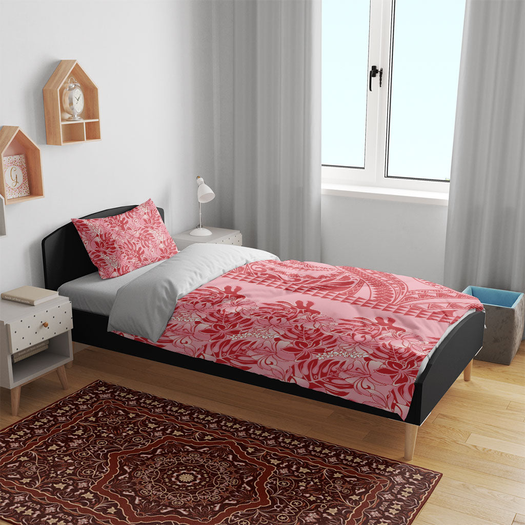 Red Hibiscus Monstera Seamless Kakau Hawaii Bedding Set