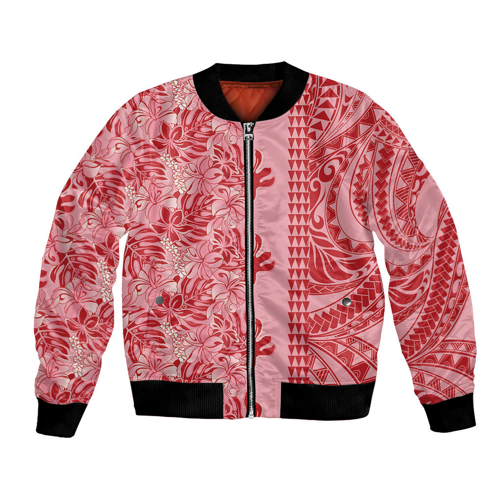 Red Hibiscus Monstera Seamless Kakau Hawaii Bomber Jacket