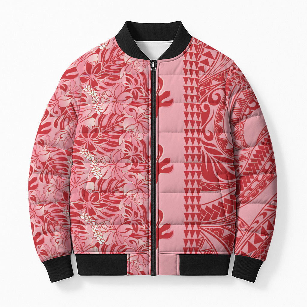Red Hibiscus Monstera Seamless Kakau Hawaii Bomber Puffer Jacket