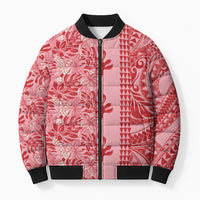 Red Hibiscus Monstera Seamless Kakau Hawaii Bomber Puffer Jacket