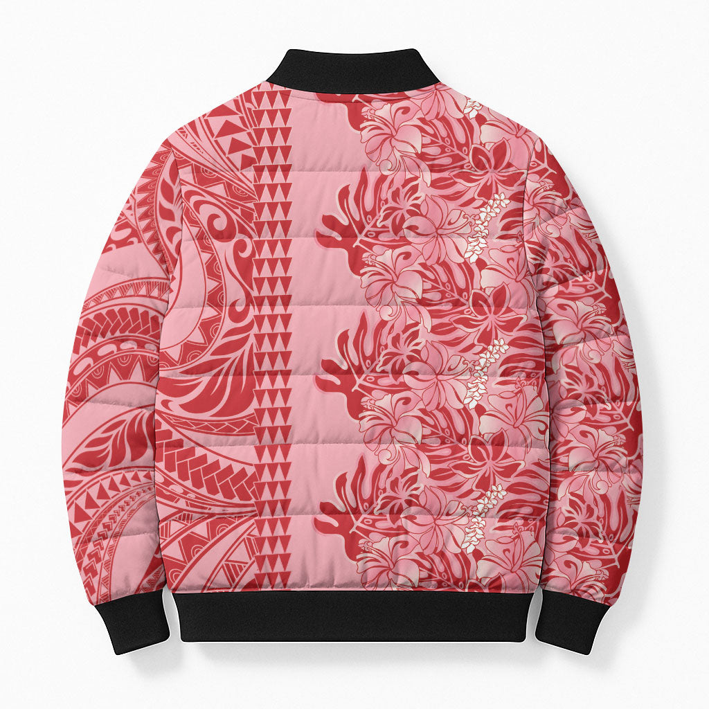 Red Hibiscus Monstera Seamless Kakau Hawaii Bomber Puffer Jacket