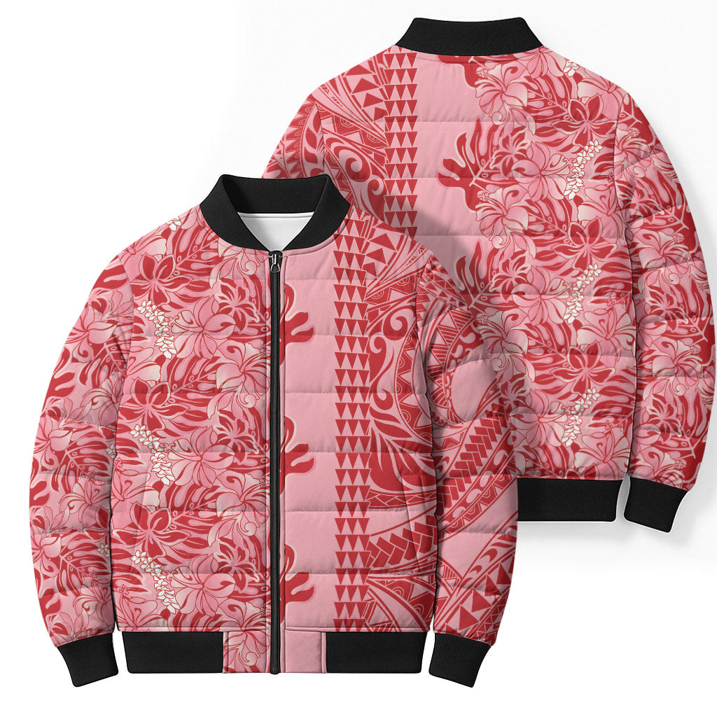Red Hibiscus Monstera Seamless Kakau Hawaii Bomber Puffer Jacket