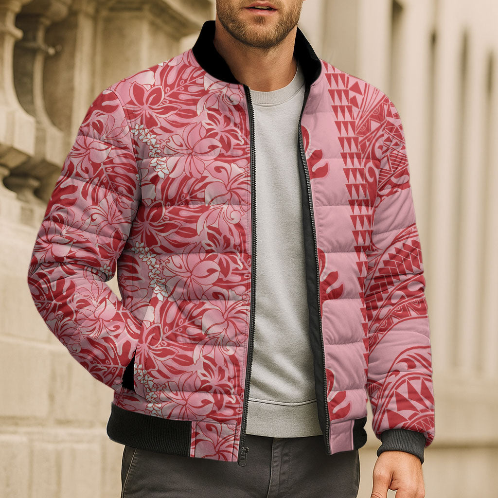 Red Hibiscus Monstera Seamless Kakau Hawaii Bomber Puffer Jacket