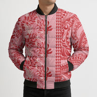 Red Hibiscus Monstera Seamless Kakau Hawaii Bomber Puffer Jacket