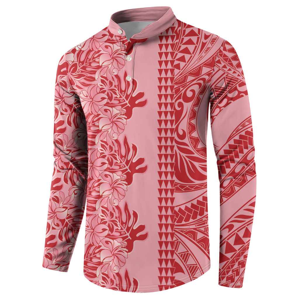Red Hibiscus Monstera Seamless Kakau Hawaii Button Sweatshirt