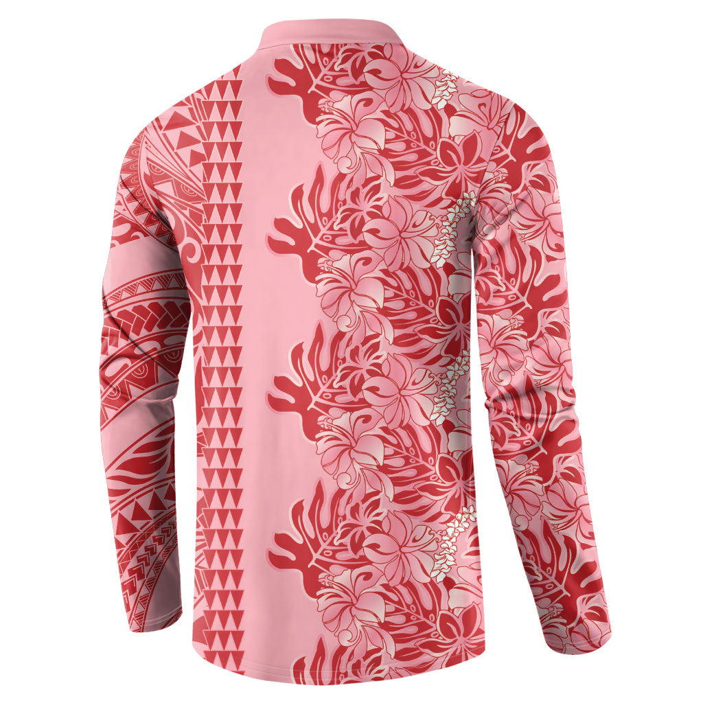 Red Hibiscus Monstera Seamless Kakau Hawaii Button Sweatshirt