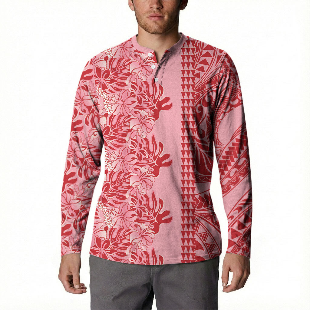 Red Hibiscus Monstera Seamless Kakau Hawaii Button Sweatshirt