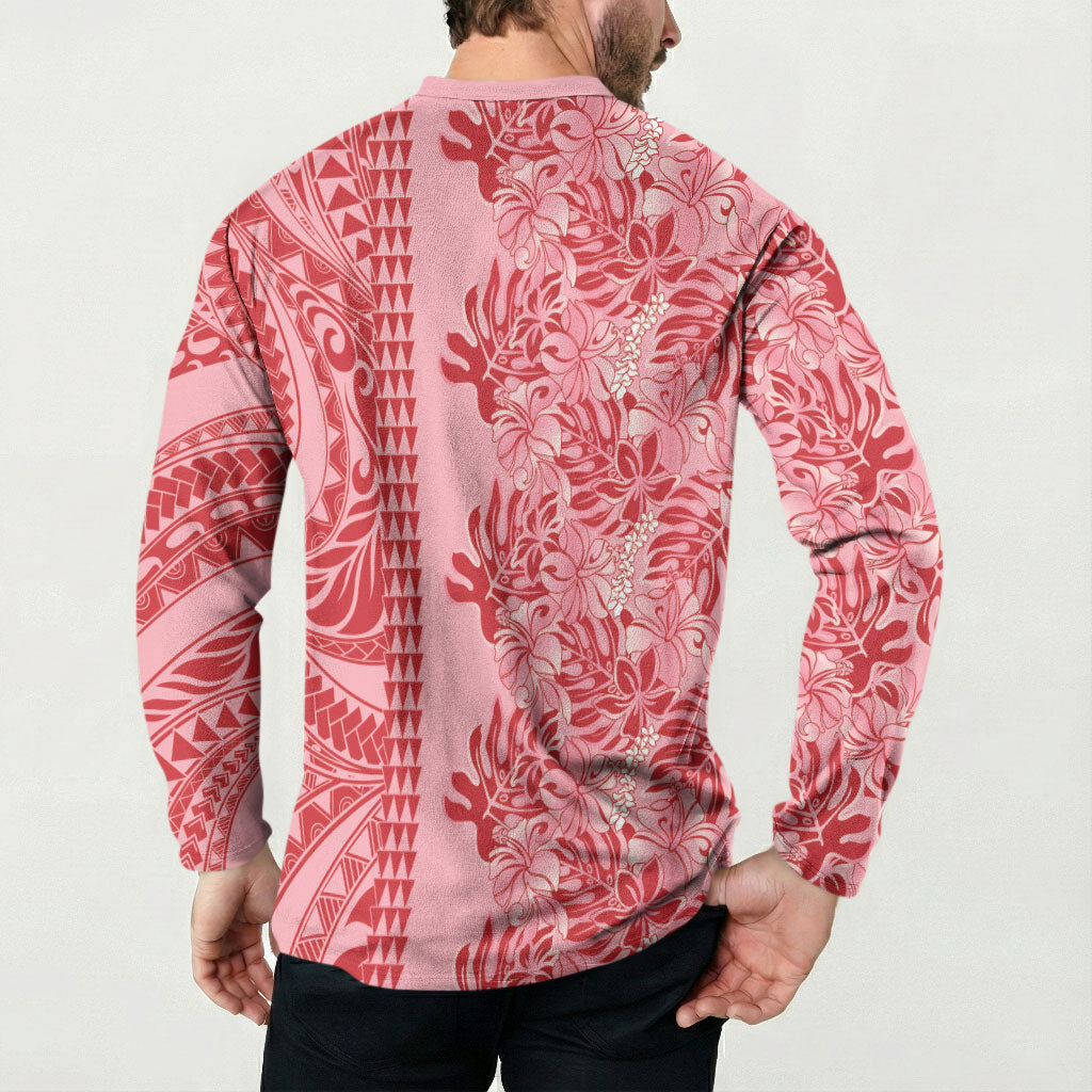 Red Hibiscus Monstera Seamless Kakau Hawaii Button Sweatshirt
