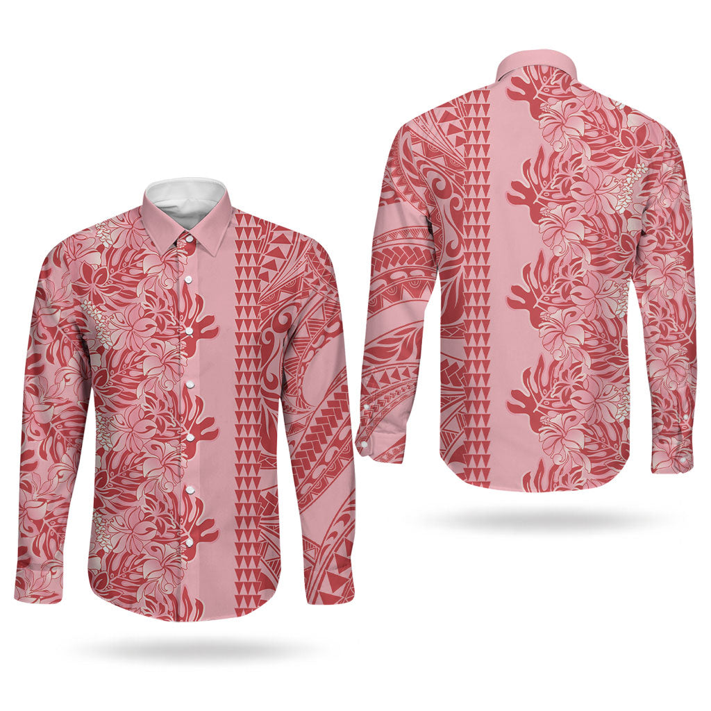 Red Hibiscus Monstera Seamless Kakau Hawaii Couples Matching Summer Maxi Dress and Long Sleeve Button Shirt LT14 - Polynesian Pride
