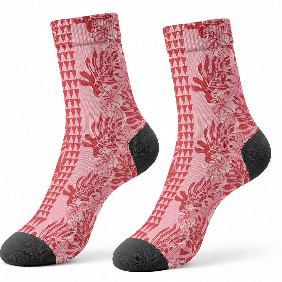 Red Hibiscus Monstera Seamless Kakau Hawaii Crew Socks LT14 - Polynesian Pride