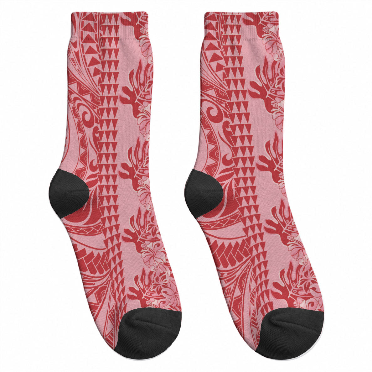 Red Hibiscus Monstera Seamless Kakau Hawaii Crew Socks LT14 - Polynesian Pride