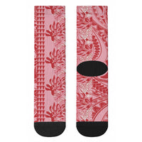 Red Hibiscus Monstera Seamless Kakau Hawaii Crew Socks LT14 - Polynesian Pride