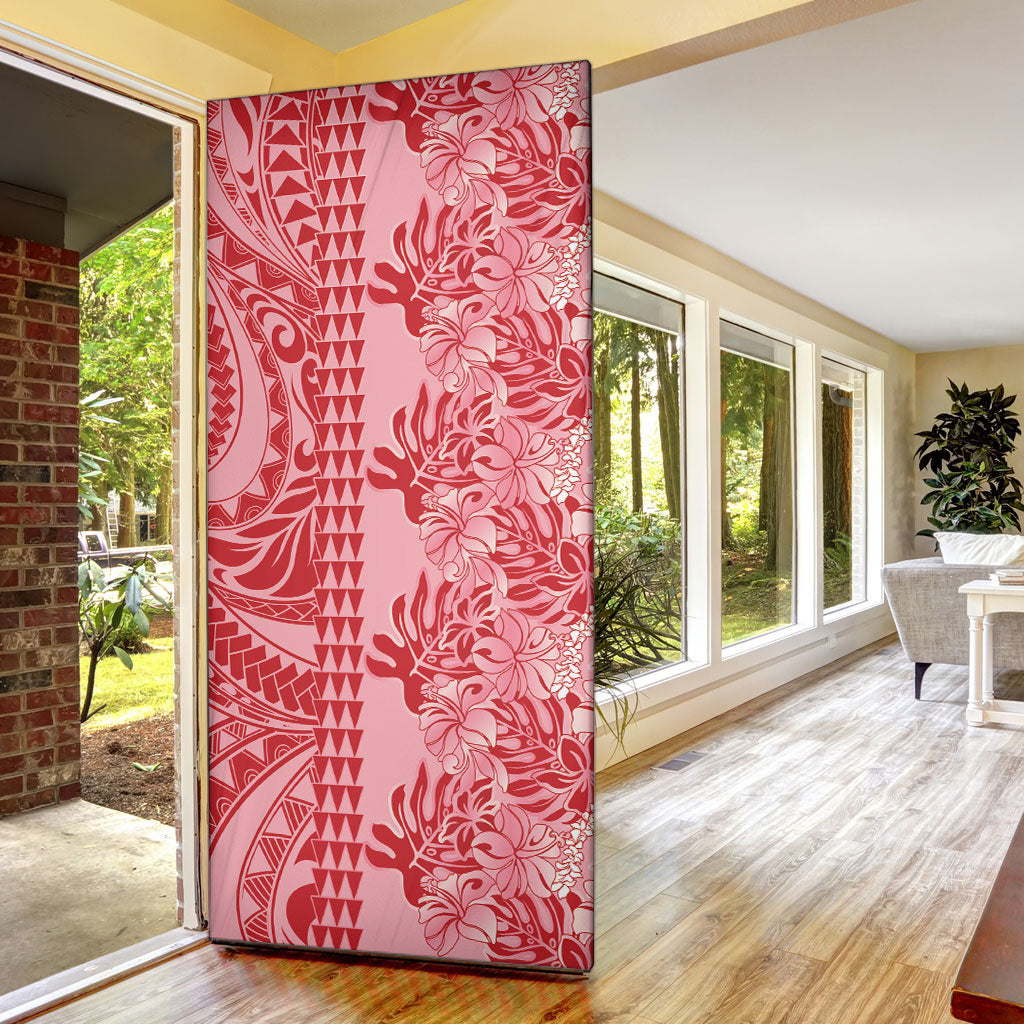 Red Hibiscus Monstera Seamless Kakau Hawaii Door Cover