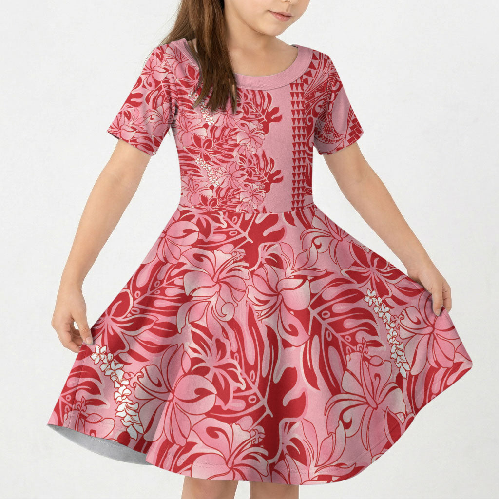Red Hibiscus Monstera Seamless Kakau Hawaii Kid Short Sleeve Dress LT14 KID Red - Polynesian Pride