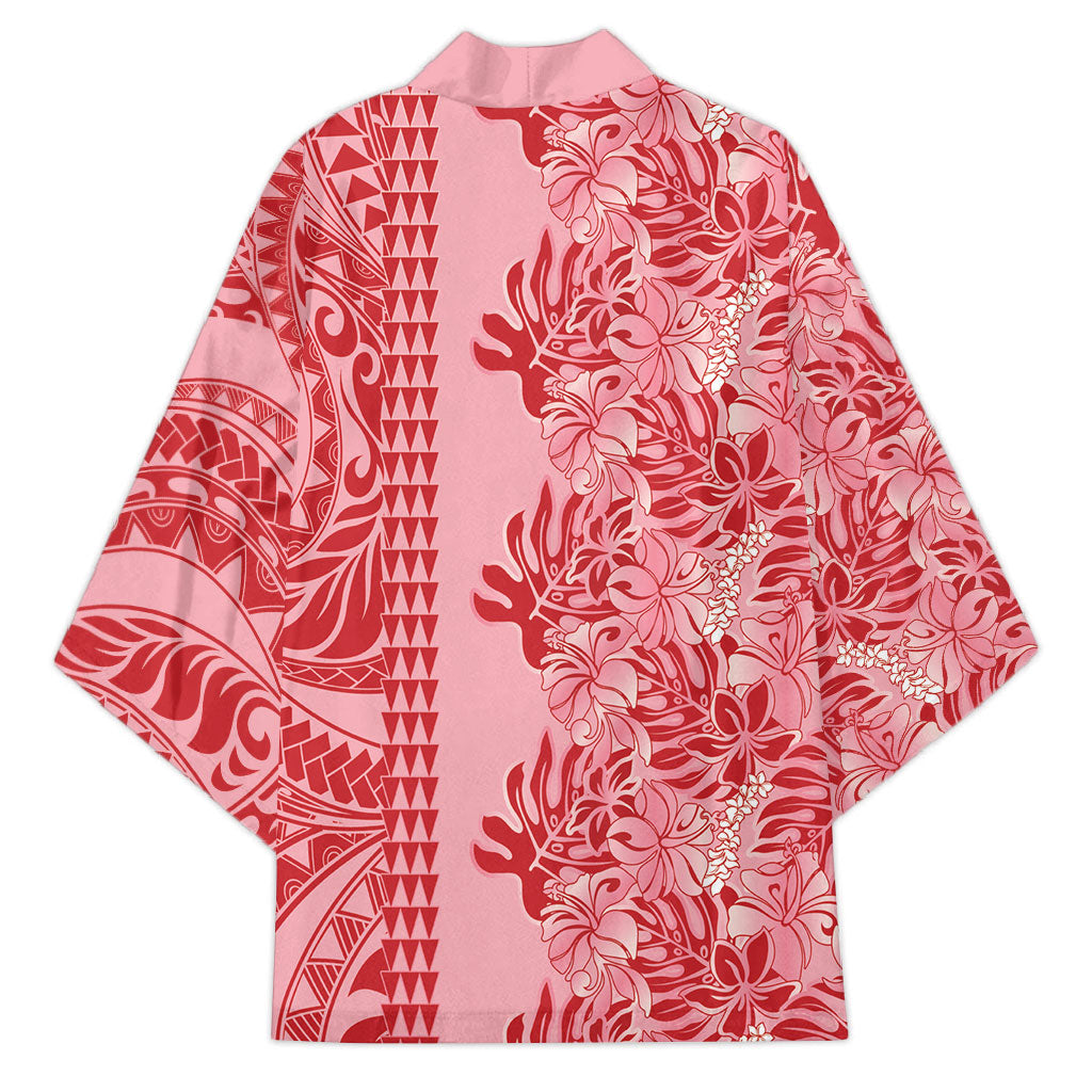 Red Hibiscus Monstera Seamless Kakau Hawaii Kimono