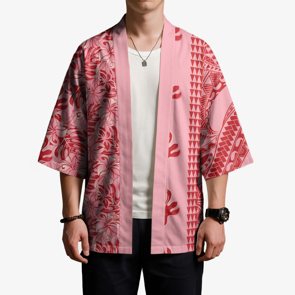 Red Hibiscus Monstera Seamless Kakau Hawaii Kimono