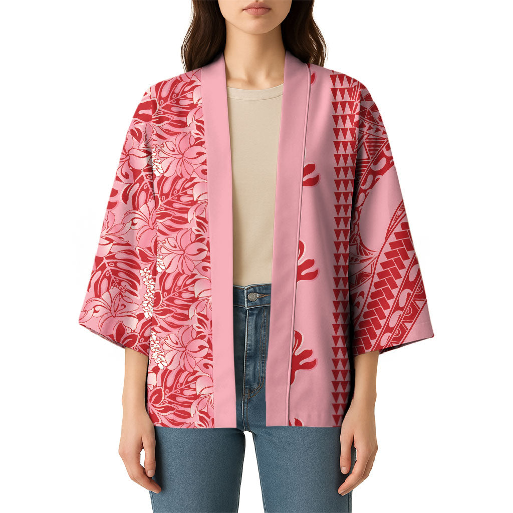 Red Hibiscus Monstera Seamless Kakau Hawaii Kimono