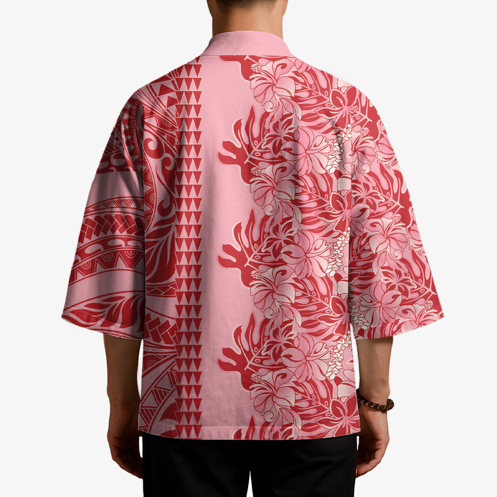 Red Hibiscus Monstera Seamless Kakau Hawaii Kimono