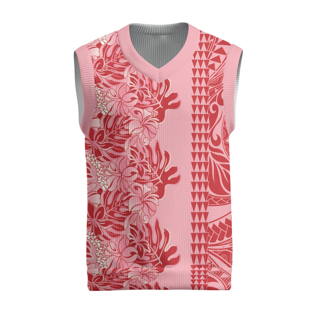Red Hibiscus Monstera Seamless Kakau Hawaii Christmas Knitted V-Neck Vest LT14 Red - Polynesian Pride