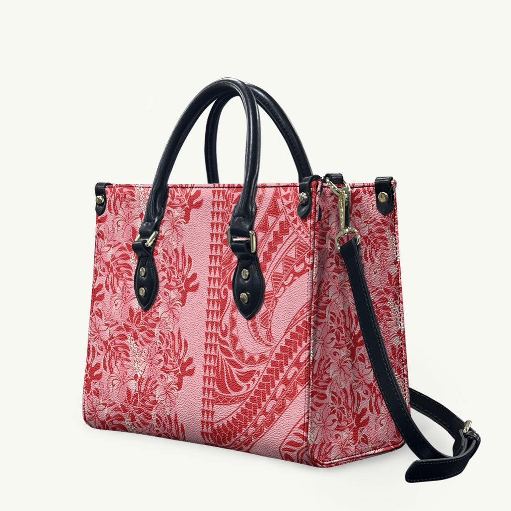 Red Hibiscus Monstera Seamless Kakau Hawaii Leather Bag