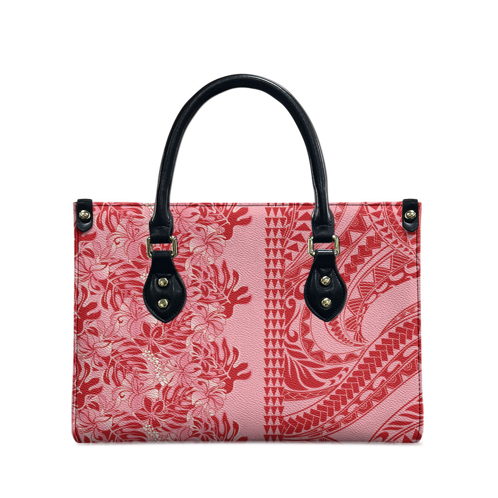 Red Hibiscus Monstera Seamless Kakau Hawaii Leather Bag